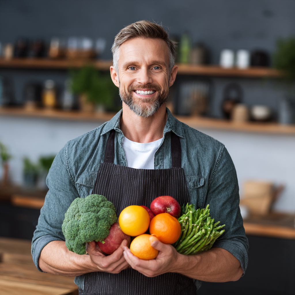 Energikus magyar középkorú férfi egészséges ételekkel